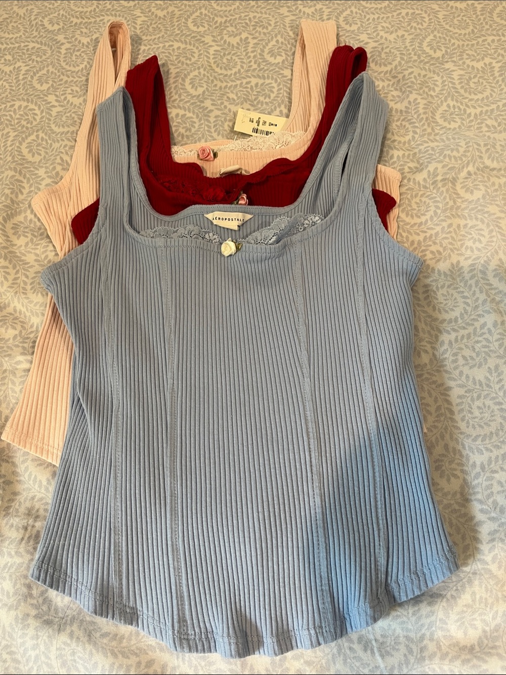 Aeropostale Ribbed Square set of 3-Neck Tank Tops - Red, Light Pink, Light Blue - Picture 3 of 5